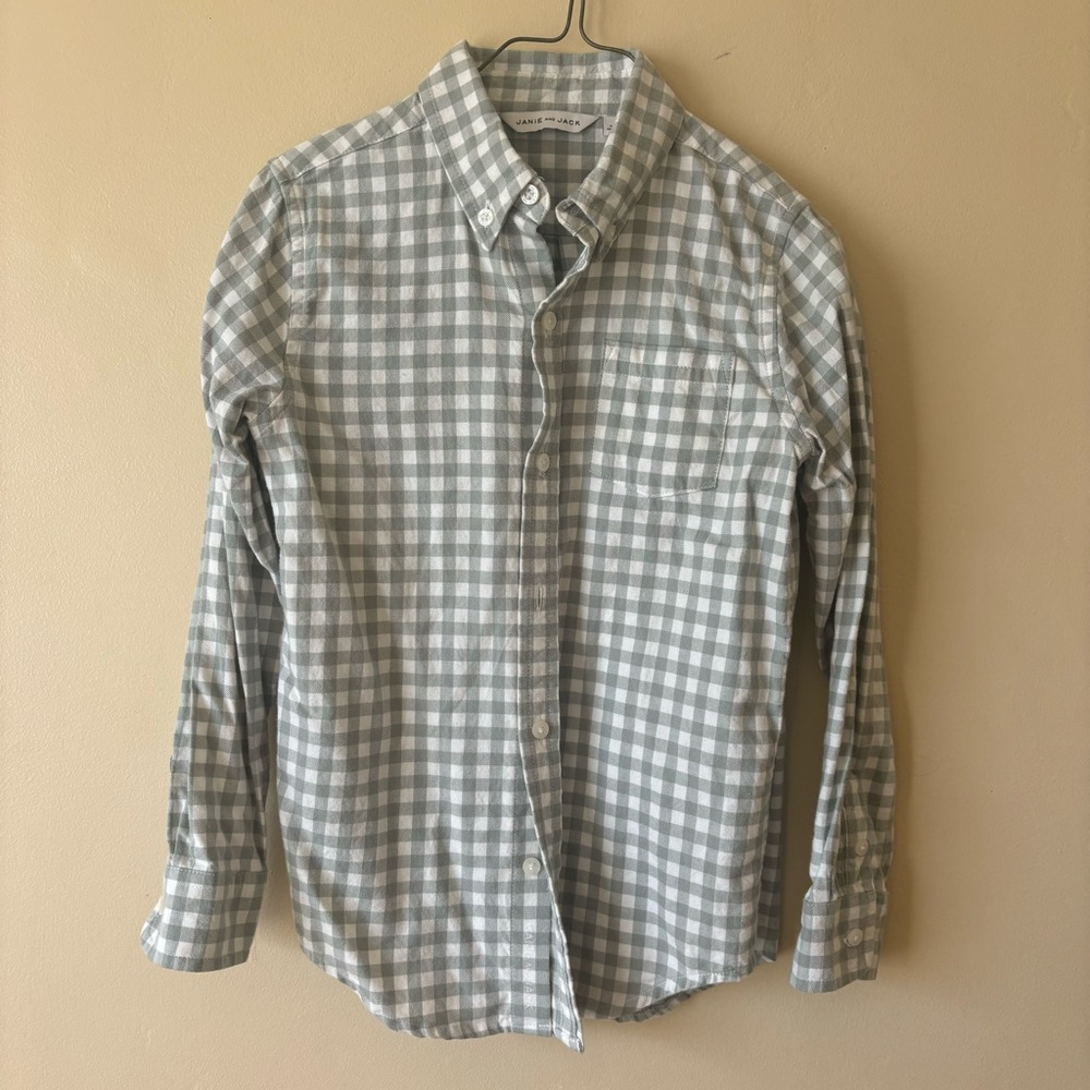 Janie & Jack Boys Button down shirt Gingham checkered print light green 6yo